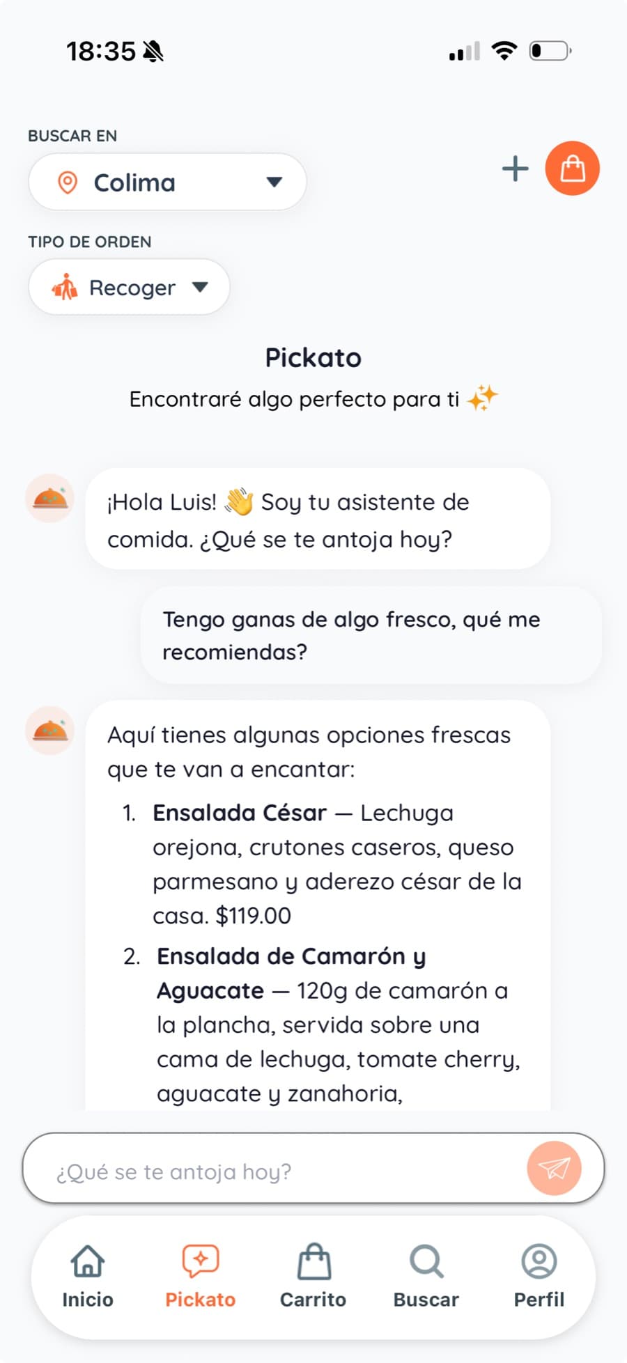 Chat de Pickato recomendando platillos frescos