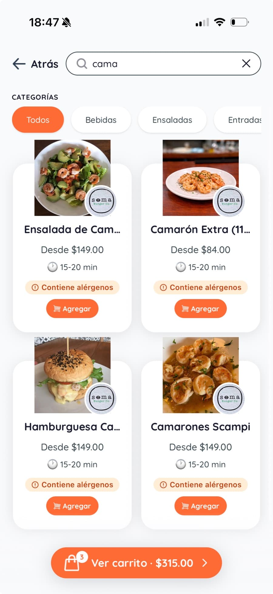 Platillos en Pickato marcados con el aviso Contiene alérgenos
